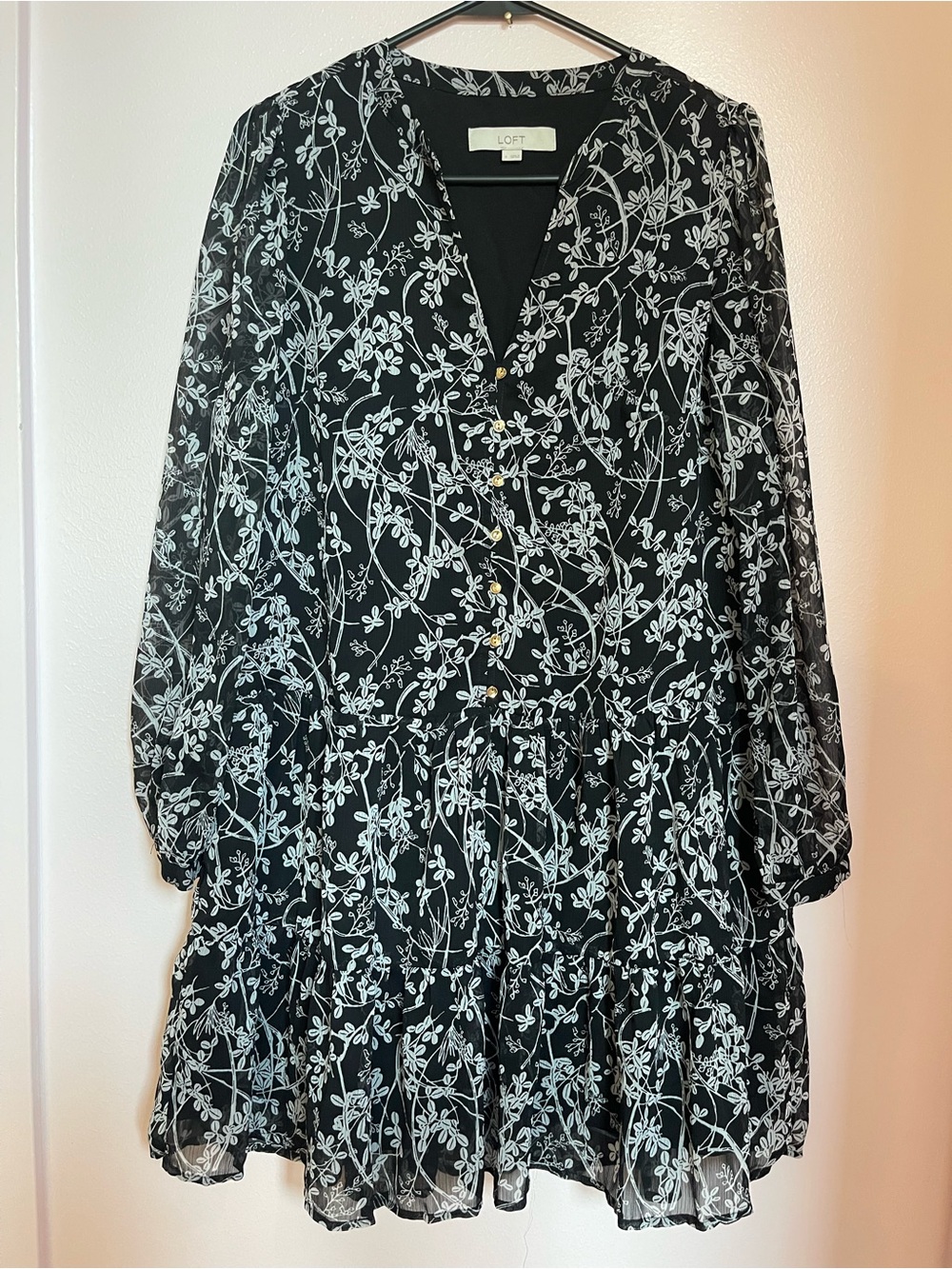 LOFT Black and White Floral Tiered Long-Sleeve Dress